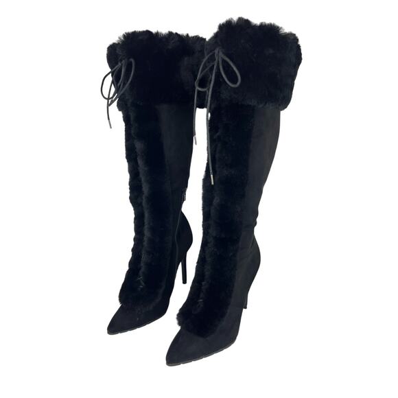 Qupid Faux Suede Fur Lace Up Mid-calf High Heel Dress Boots - Picture 1 of 8